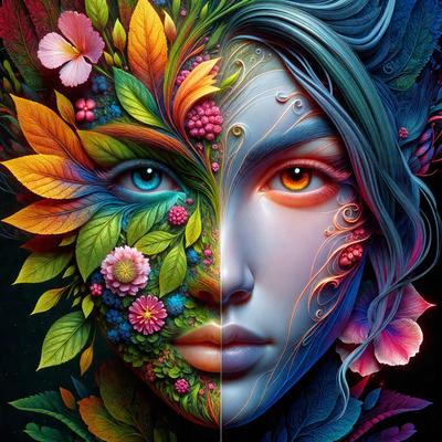 The primary subject of the image is a woman's face, which is depicted in two different colors. The face is surrounded by a variety of flowers, creating a vibrant and colorful scene. The setting appears to be a dark background, which contrasts with the bright colors of the flowers and the woman's face. The visual style of the image is a combination of digital art and illustration, with a focus on the intricate details of the flowers and the woman's features. The colors and mood of the image